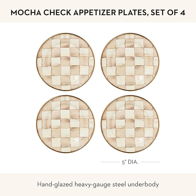 MACKENZIE-CHILDS Set of 4 Enamel Appetizer Plates, Decorative Dinnerware Plate, 5 Inches, Brown-and-White Mocha Check