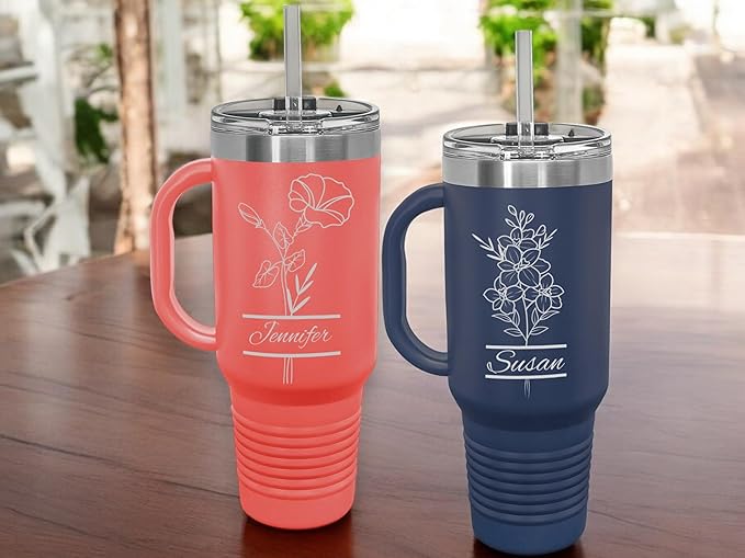 Perzonalized 40 oz Tumbler with Handle, Birth Flower Engraving – Fits Most Cup Holders, Dishwasher Safe, BPA-Free Lid & Straw – Powder-Coated Stainless Steel – Personalized Gift for Her