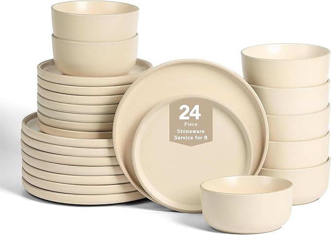 Earth & Clay Amber 24-Piece Dinnerware Set Stoneware, Dishwasher and Microwave Safe Plates and Bowls Set, Dish Set for 8, Beige