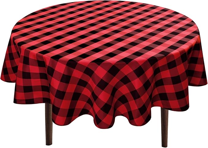 Hiasan Checkered Round Tablecloth 45 Inch - Waterproof Stain and Wrinkle Resistant Washable Fabric Table Cloth for Christmas, Dining Room, Party, Outdoor Picnic, Black and Red