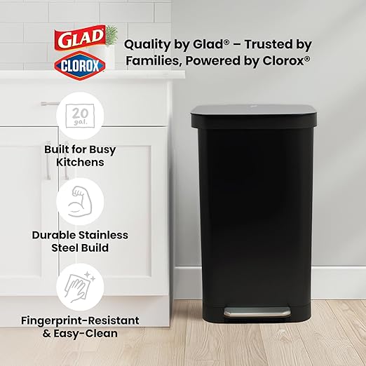 Glad Stainless Steel Step Trash Can, Series 2 with Clorox Protection - Large Black Kitchen Garbage Bin with Soft Close Lid, Foot Pedal and Waste Bag Roll Holder, 20 Gallon