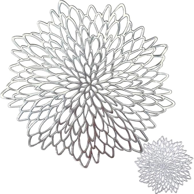 PVC Placemats and Coasters Set Round Leaf Place Mats Washable Heat Table Mats for Morden Kitchen Dining Table(Sliver,4 Set)
