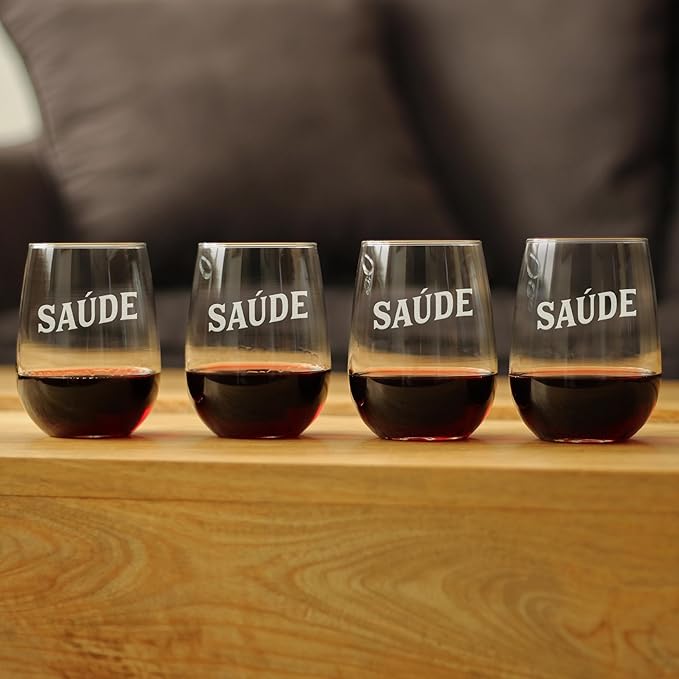 Bevvee Saude - Portuguese Cheers - Stemless Wine Glass - Portugal Themed Gifts or Party Decor for Women - Set of 4 - Large