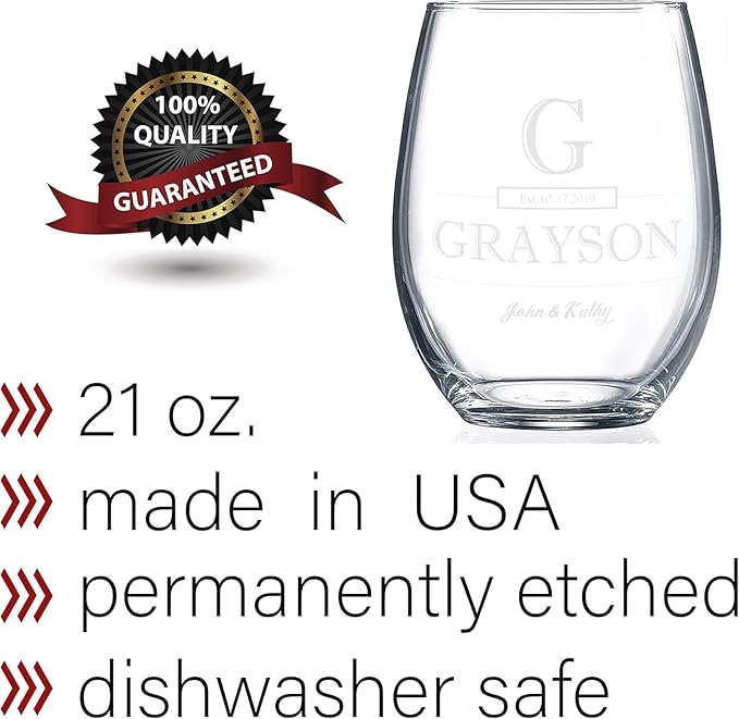 Custom Stemless Wine Glass for Him Personalized Wedding Wine Glass, Engraved With Your Engagement Gift, Wedding gifts or Anniversary Information! Customized Gifts for Women Gifts or Couples Gift