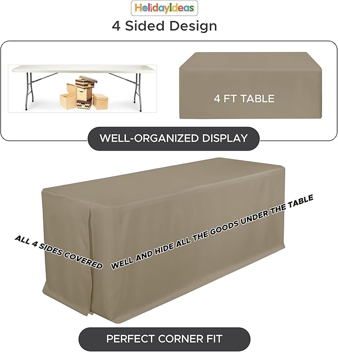 HolidayIdeas Fitted Tablecloths for 8 Foot Rectangle Table, Wrinkle Resistant Washable Table Cover 30x96 Inch for Vendor Booth Display, Banquet, Trade Show, Taupe, 4 Pcs