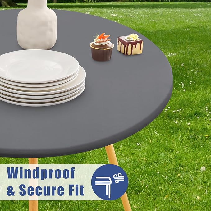 Round Spandex Tablecloth, Elastic Fitted Waterproof Tablecloths for 45"-56" Tables, Stretch Washable Picnic Table Cover for Camping, Dining, Indoor and Outdoor, Grey