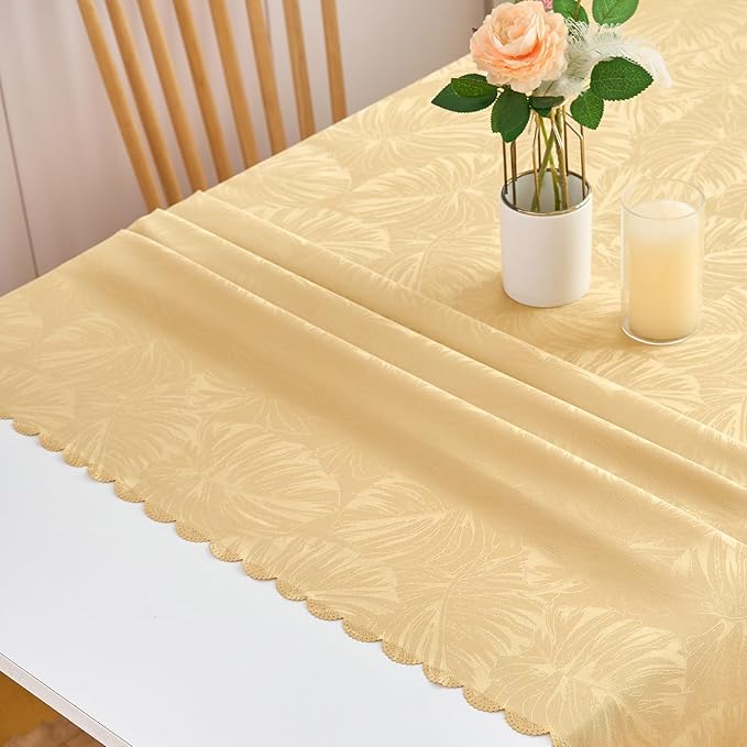 Square Tablecloth 54x54 Inch Golden Table Cloth Leaves Pattern Scalloped Edge Silky Soft Waterproof Washable Table Cover for Dinning Tabletop Indoor & Outdoor Party Banquet Decoration