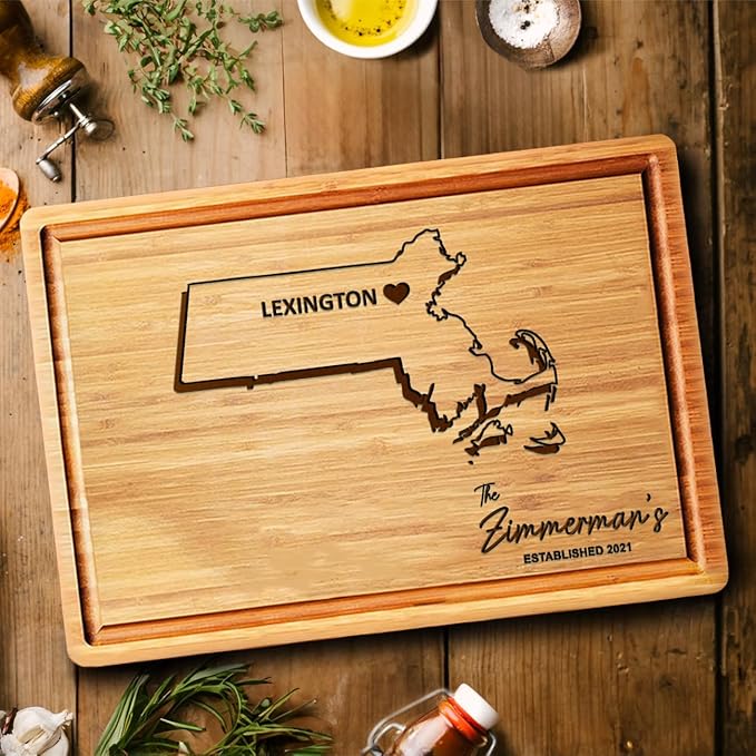 Massachusetts Cutting Board Personalized Gift, Wood State Destination Decor - New Home Kitchen Gifts, Perfect Housewarming Gift, Moving Away Gifts for Family