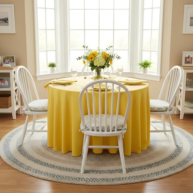 sancua Round Tablecloth - 120 Inch - Water Resistant Spill Proof Washable Polyester Table Cloth Decorative Fabric Table Cover for Dining Tables, Buffet Parties and Camping, Yellow