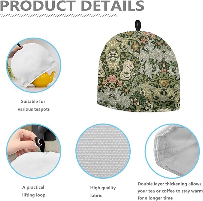 Tea Cozy for Teapots with Handle - William Morris Pattern Golden Lily Dust Insulated Cover, Hanging Fold-Up Design, Suitable for Kitchen and Living Room Table Decoration