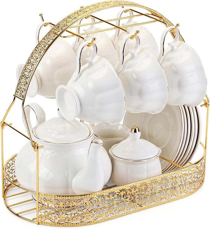 CHENP.HMC Tea Set 22-Piece Porcelain Ceramic Coffee Tea Gift Sets Cups Saucer Service for 6 Teapot Sugar Bowl Creamer Pitcher and Teaspoons (WHITE3)