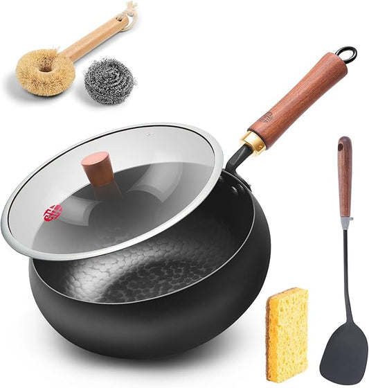WANGYUANJI Iron Wok Pan 9.5-Inch for 1–2 People, Flat Bottom Stir Fry Wok with Lid & Spatula,Uncoated & Unseasoned Bare Iron, Heavier Design for High-Heat Cooking, Induction Compatible