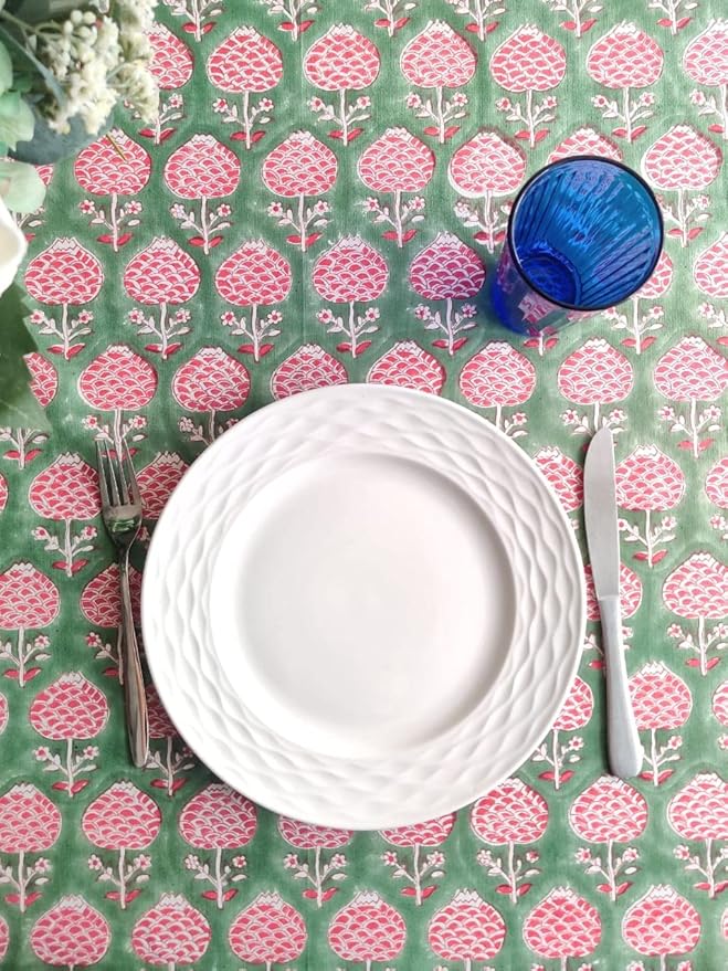 ATOSII Roma Green 100% Cotton Rectangle Spring Summer Tablecloth, Handblock Floral Table Cloth Linen for Kitchen Dining I Parties Wedding Outdoors Easter Picnics Holidays I 72 X 120 Inches I 10 Seater
