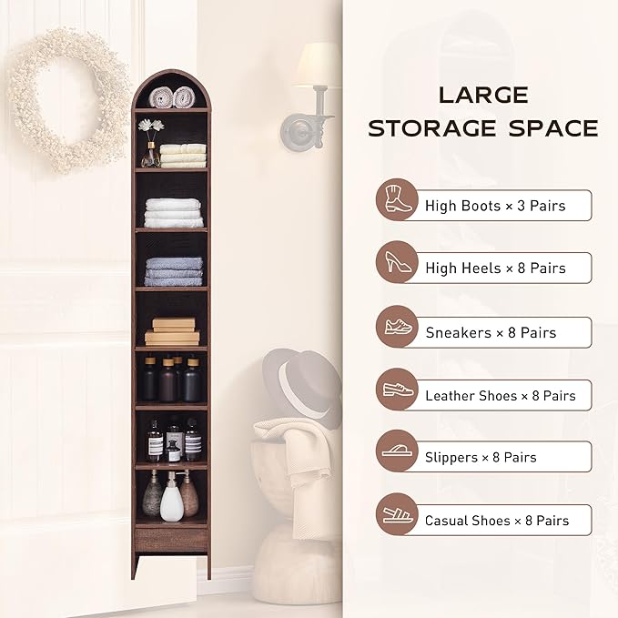 67" Tall Arched Bookshelf, 8 Tiers Arch Bookcase with Storage, Modern Farmhouse Book Shelf with Adjustable Shelves, Wood Bookshelf w/Open Display Shelves for Living Room, Office (Brown)