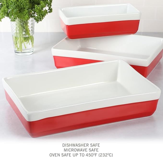 MARTHA STEWART 3-Piece Oven to Table Stoneware Bakeware Set – Baking Dish & Casserole Set – Red – Durable Oven-Safe Bakeware for Baking and Serving