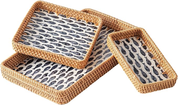 Set of 3 Rectangle Rattan Trays for Decor, Coastal Wicker Serving Tray, Hand-Woven from Natural Rattan with Mother of Pearl Inlay, Boho Woven Decorative Trays for Bathroom Kitchen Counter, Entryway