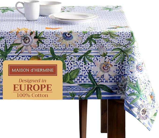 Maison d' Hermine Table Cloth Rectangle Table 100% Cotton 60 x 120 Inches Tablecloth Reusable Decorative for Dining Room Farmhouse Home Valentines Day Decorations Spring Summer - Passiflora