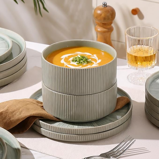 Dinnerware Sets for 4, Ceramic Plates and Bowls Set 12 Piece Dinnerware Chip Resistant Stoneware, Dishwasher and Microwave Safe-Green