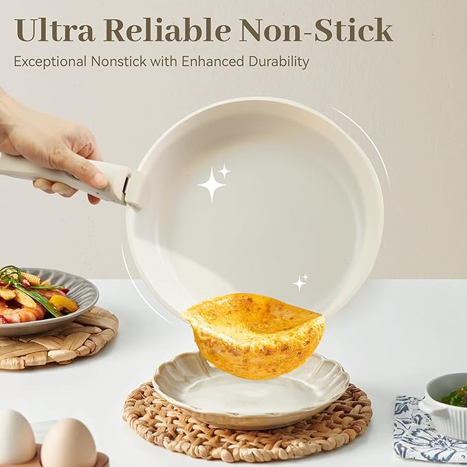 15-Piece Ceramic Nonstick Pots and Pans Set – Kitchen Cookware with Detachable Handle, RV Camping Cookware Set – Oven & Dishwasher Safe, PFOA-Free – Cream White