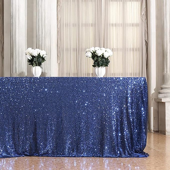 Eternal Beauty Navy Blue Tablecloth, 90x132 Inch Sequin Rectangle Table Cover for Cake Dessert Exhibition Party Birthday Events