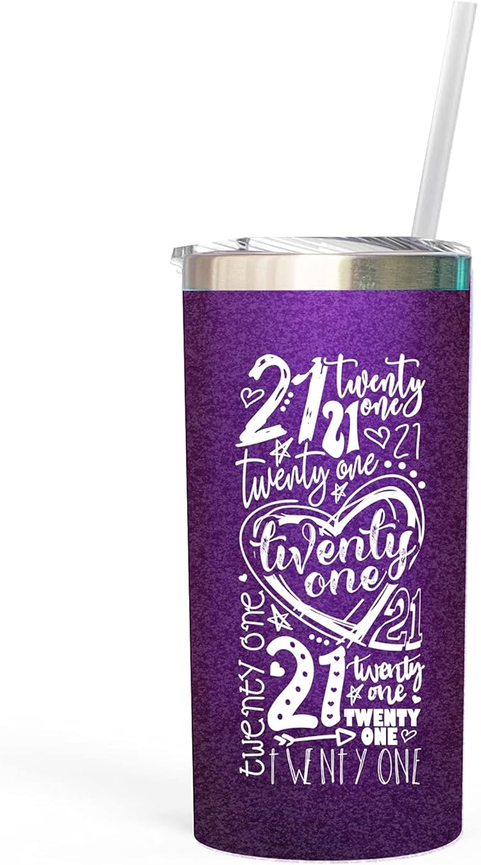 Zoey Christina 21st Birthday Stainless Steel Coffee Tumbler, 16 oz, Handleless, Purple & Mint Colors, Shimmer Finish (Purple)