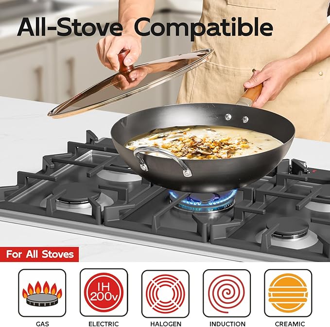 WANGYUANJI 14.2" Flat-Bottom Iron Wok with Glass Lid, Uncoated Stir-Fry Pan, Rapid-Heating Refined Iron, Induction/Gas/Electric Compatible, Wooden Handle (Seasoning Required)
