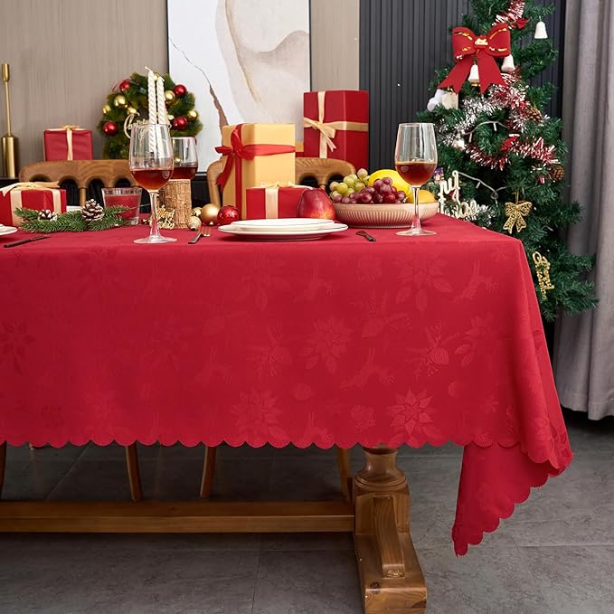 New Year Christmas Tablecloth for Rectangle Table Jacquard Red Tablecloth Waterproof Washable Fabric Table Cover for Kitchen Dinning Buffet Birthday Holiday Party (60X120 in)