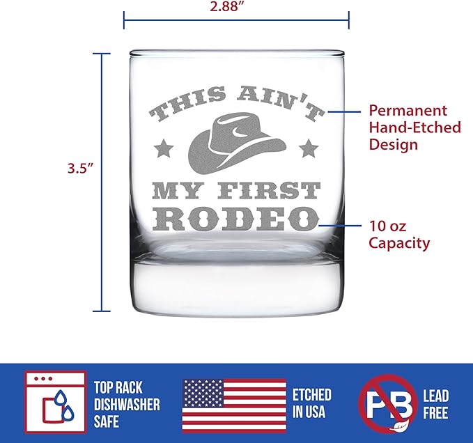 Bevvee Ain't My First Rodeo - Whiskey Rocks Glass Gift - Funny Cowboy or Cowgirl Gifts for Men & Women - Engraved Sayings