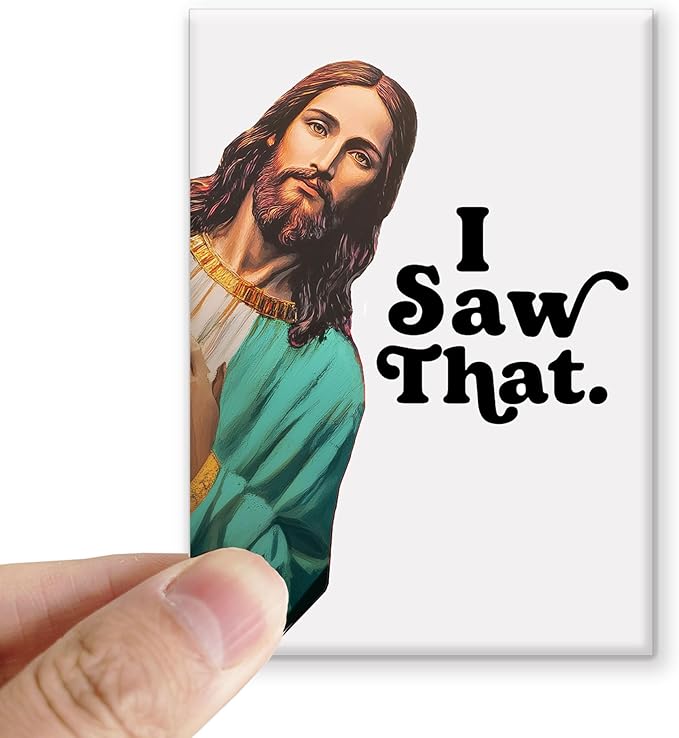 Funny Jesus “I Saw That” Ceramic Magnet, Refrigerator Magnet for Home or Office, Cute Bible Meme Decor, White Elephant Gift Idea, Christmas Gag Magnet, 2 x 2.75 Inch (Green)