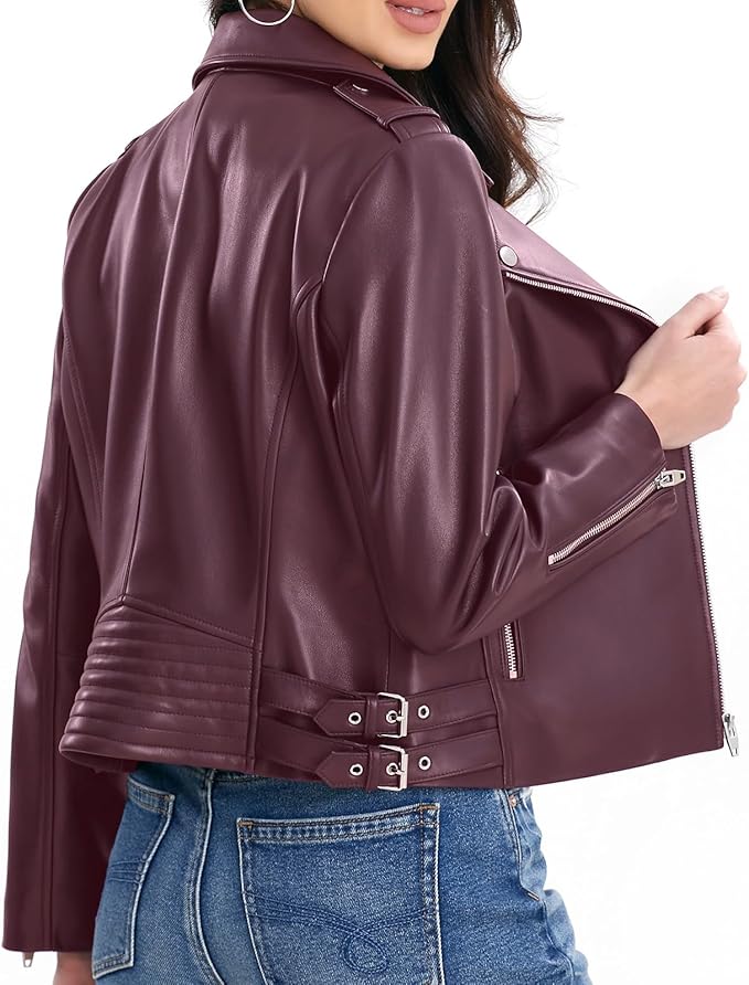 SILVER FASHIONS Lambskin Leather Jacket Women,Motorcycle Jacket,Asymmetrical Zip Style,Buckle Belts,Quilted Details
