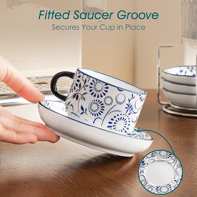 vancasso 4OZ Stackable Espresso Cups with Saucers, Porcelain Cappuccino Cups Set of 4, Coffee Cups Set with Metal Stand for Specialty Coffee Drinks, Great gift, Series SELENE (Vintage Blue, 4 Ounce)