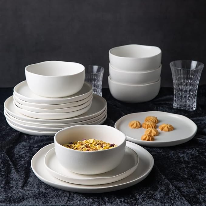 AmorArc Ceramic Dinnerware Sets, Wavy Rim Stoneware Plates and Bowls Sets,Dishwasher & Microwave & Oven Safe Dishes set, Service for 6 (18pc)-Matte White