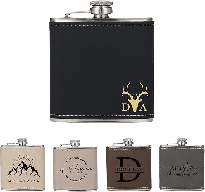 Personalized Flask for Men,Custom Hip Flask for Liquor Soft Touch Leather with Name, Steel Stainless - 6Oz Flaskap for Wedding, Climbing, Barbecue,Fishing-Black