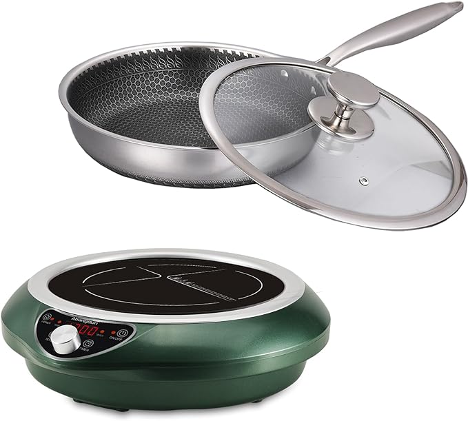 Induction Cooktop with Skillets1800W 120V Burner Cooker Nonstick Flat Pan Electric Stove Hot Plate Heat Evenly Fry Pan for Steak