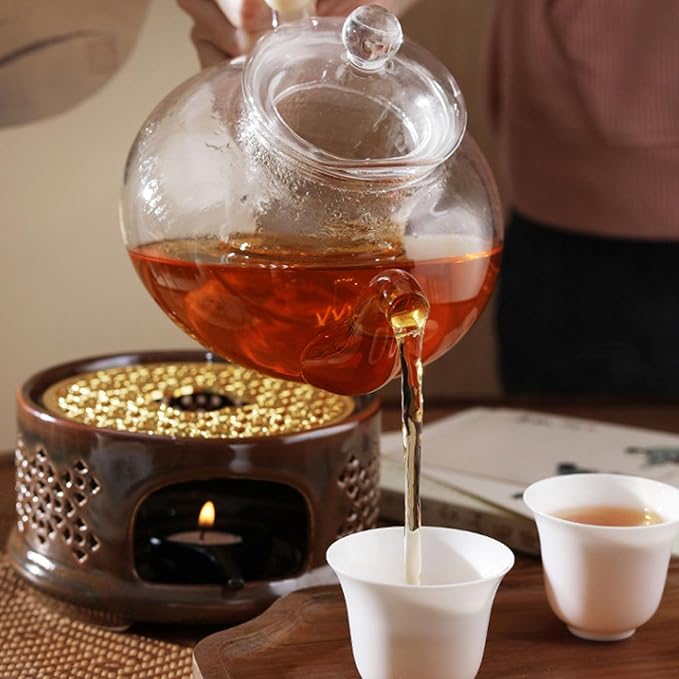 Teapot Warmer Ceramic Teapot Heater with Spoon Lid, Candle Holder for Heating Tea, Coffee and Milk, Universal Teapot Heater Brown