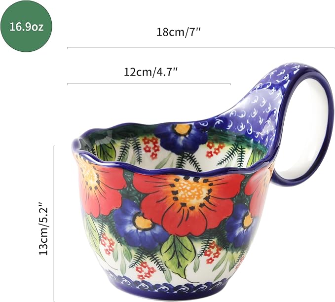ALMA 2025 Updated 18oz Large Soup Bowl Microwave Safe, Ceramic Soup Bowl with Loop Handle,Ceramic Cereal Bowl for Soup,Snack,Chip,Stew,Ice cream-Jungle Floral Theme