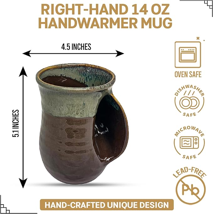 Clay in Motion Handwarmer Mug - Mocha - Right Handed,Brown,14oz.
