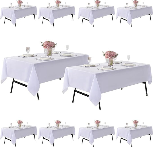 10-Pack 60x120 inch White Table Cloths, Solid Stain and Wrinkle Resistant Oblong Tablecloth, Premium Plain Weave Polyester Fabric Rectangle Table Linen Covers for Hotel, Wedding