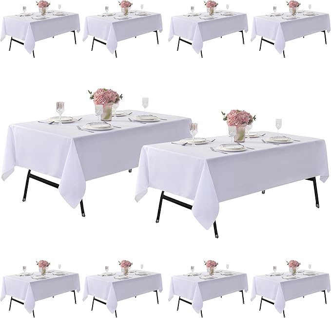 10-Pack 60x84 inch White Table Cloths, Solid Stain and Wrinkle Resistant Oblong Tablecloth, Premium Plain Weave Polyester Fabric Rectangle Table Linen Covers for Hotel, Banquet