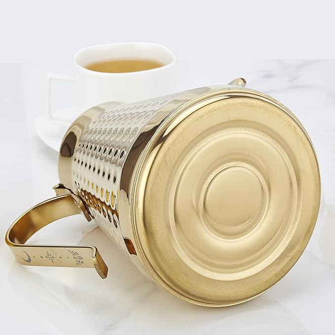 SANQIAHOME 1.8L(60oz) Stainless Steel Hammer Patterned Teapot With Removeable Infuser,Loose leaf cover,Gold