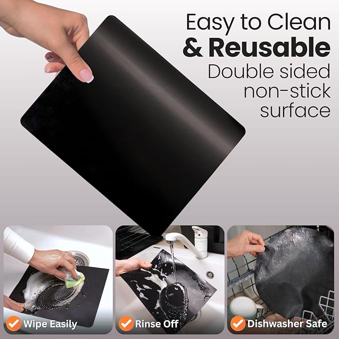 Toaster Oven Liner – Compatible with Breville, Cuisinart, Black & Decker, Dash, and More – Nonstick Heat Resistant Reusable Air Fryer Liners, PFOA & BPA Free, 9x11", 4 Pack, Black