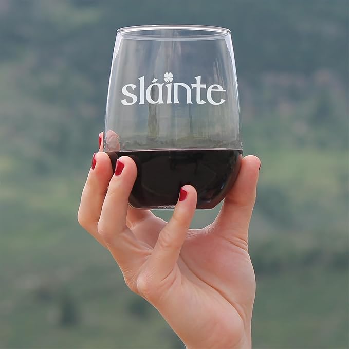 Bevvee Slainte Irish Cheers - Stemless Wine Glasses - Set of 4 - Fun Irish Themed Gifts and Decor - Large 17 Ounce