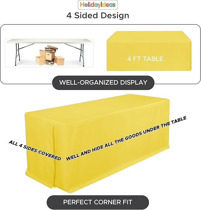 HolidayIdeas Fitted Tablecloths for 4 Foot Rectangle Table, Wrinkle Resistant Washable Table Cover 24x48 Inch for Vendor Booth Display, Banquet, Trade Show, Yellow, 4 Pcs