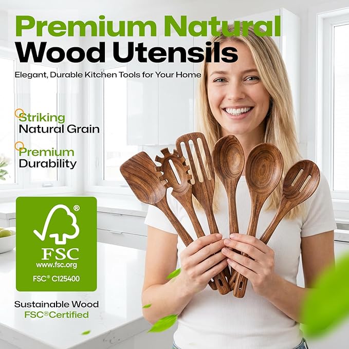 AIUHI Wooden Utensils Set of 6, Teak Wood Kitchen Utensils Set for Non-stick Cookware, Non-Toxic Wooden Spoons for Cooking-Durable, Comfortable Grip & Heat Resistant