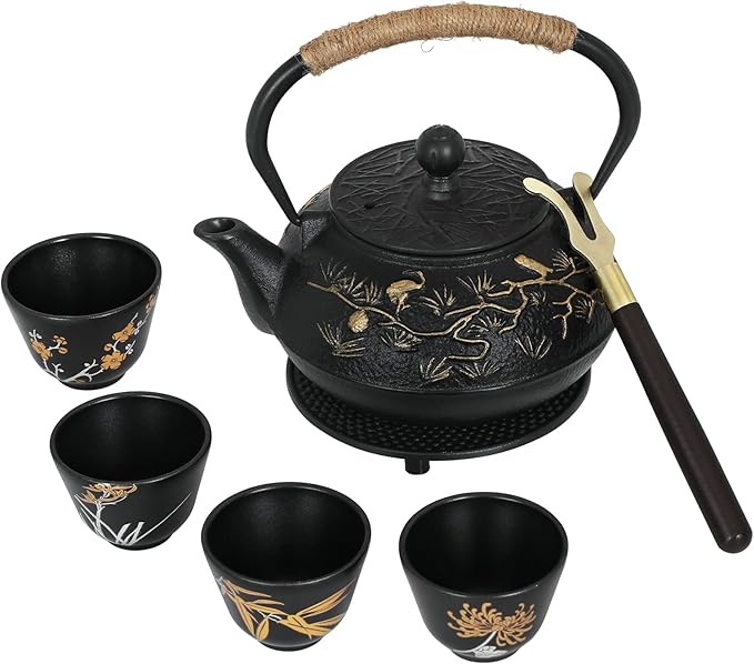 RekRang Longevity Crane Cast Iron Teapot, Japanese Style Tetsubin Tea Kettle with 4 Cups, Removable Infuser and Trivet, Antique Cast Iron Tea Set for Stove, 800ml, 28Ounce
