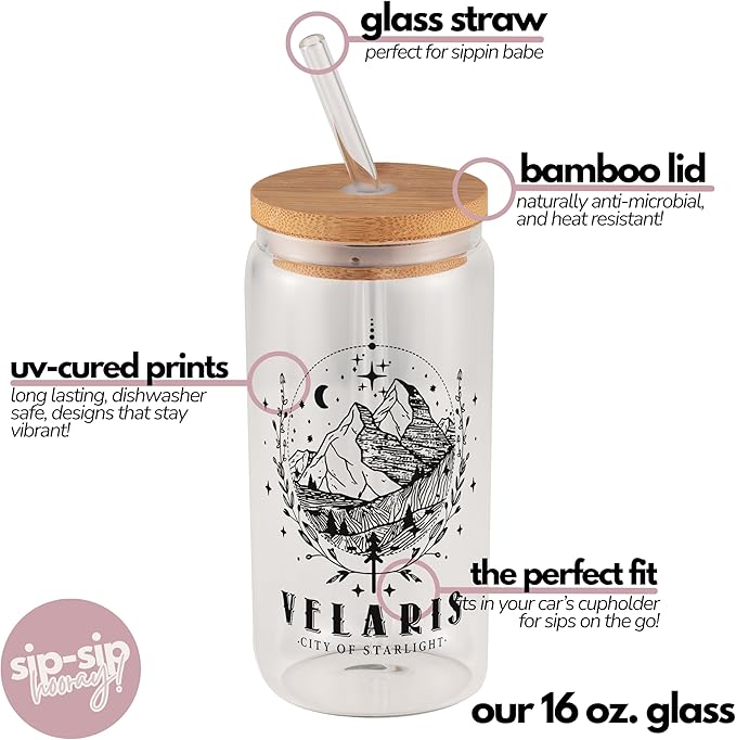 Sip Sip Hooray ACOTAR 16oz Glass Can Cup with Lid and Straw, Velaris City of Starlight Iced Coffee Tumbler, Night Court Bookish Drinkware, Dishwasher Safe Fantasy Gift for Women, To The Stars Mug