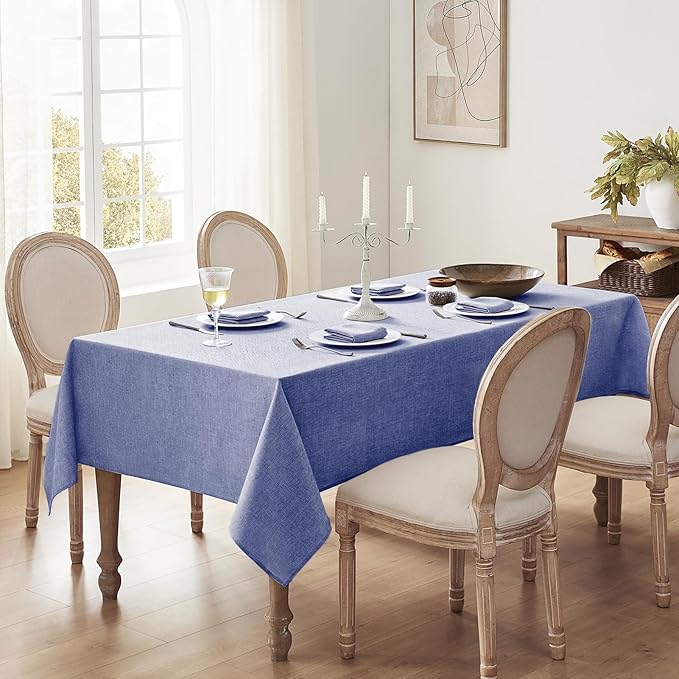 Softalker Extra Long Blue Tablecloths 60x144 inch Rectangular Faux Linen Table cloths Outdoor Waterproof Stain and Wrinkle Resistant Table Cover for 6/8/10 foot Rectangle Dining Table for Easter Party