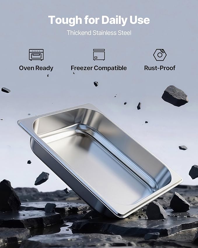VEVOR 4 Pack Stainless Steam Hotel Pan, 1/2 Size Table Steam Pan, 2.5 Inch Deep Anti Jam Restaurant Supplies Reusable Rustproof Catering Storage for Home, Party, Restaurant, Hotel, Buffet