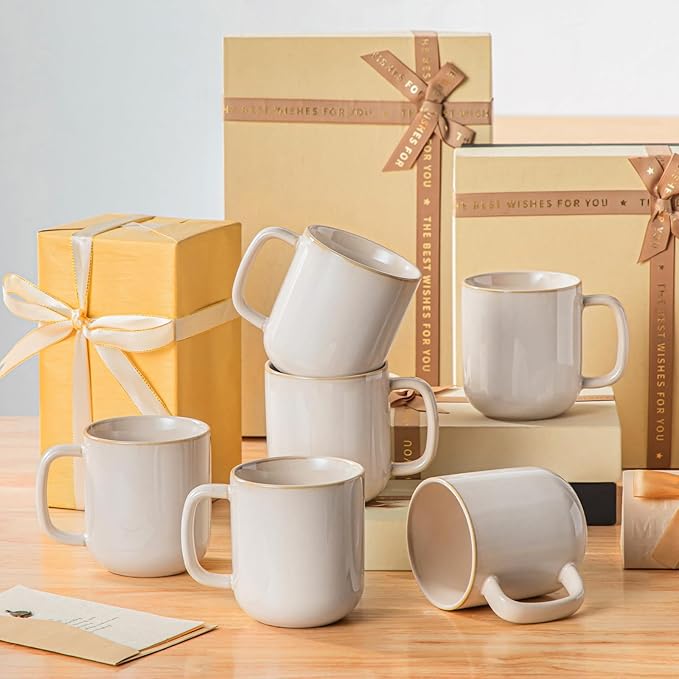 vancasso 16 oz Coffee Mugs Set of 6, Large Ceramic Mug with Handle, Unique Glaze Coffee Cups for Latte, Cappuccino & Hot Cocoa, Dishwasher & Microwave Safe, Beige, Series PLAYA