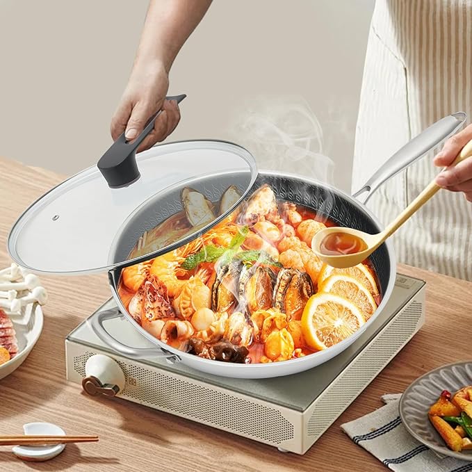 13 Inch Wok Pan with lid, Food-Grade Stainless Steel Woks & Stir-fry Pans Nonstick, Dishwasher and Oven Safe, Cooking Pan Compatible with Gas & Induction Cooker